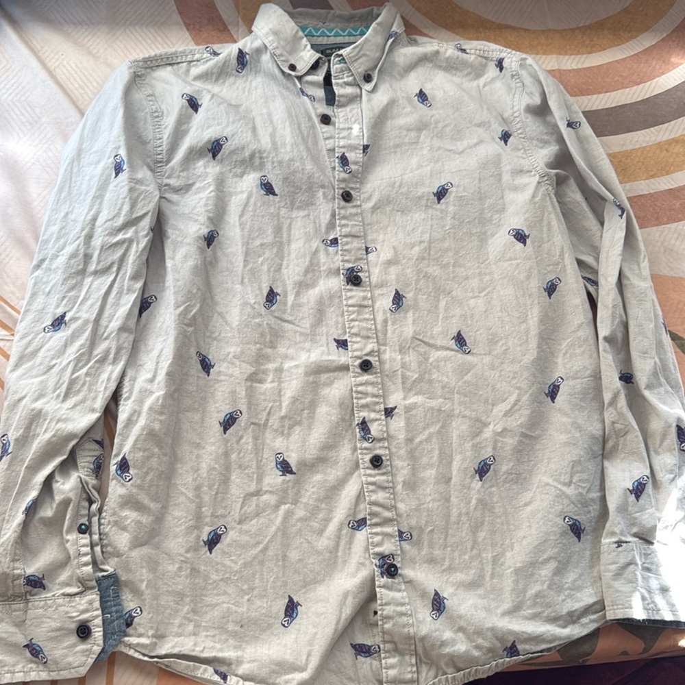 3/$10 Drill Clothing Company Light Gray Blue Owl Button Down